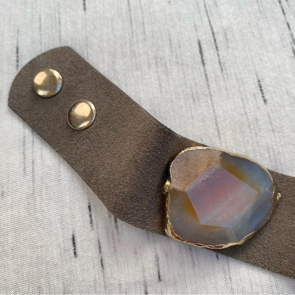 Agate Stone and Raw Suede with Gold Hardware Statement Cuff Bracelet - Picture 7 of 8